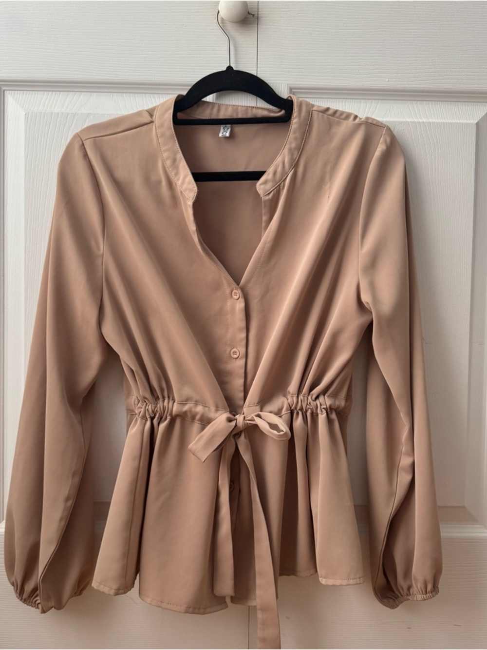 Womens Beige Tie-Waist Long Sleeve Dress